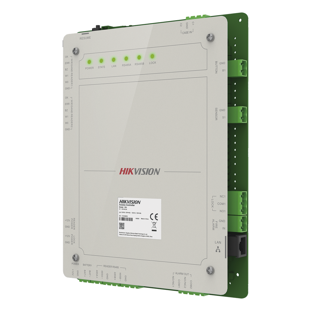 Controlador de Acceso 1 Puerta Administrable en la Nube con Hik-Connect Teams / Interfaz Web / 2 Lectores de Huella o Tarjeta / 100,000 Tarjetas / 10,000 Huellas / Incluye Gabinete y Fuente de Alimentación 12v 4A / Soporta Batería de Respald