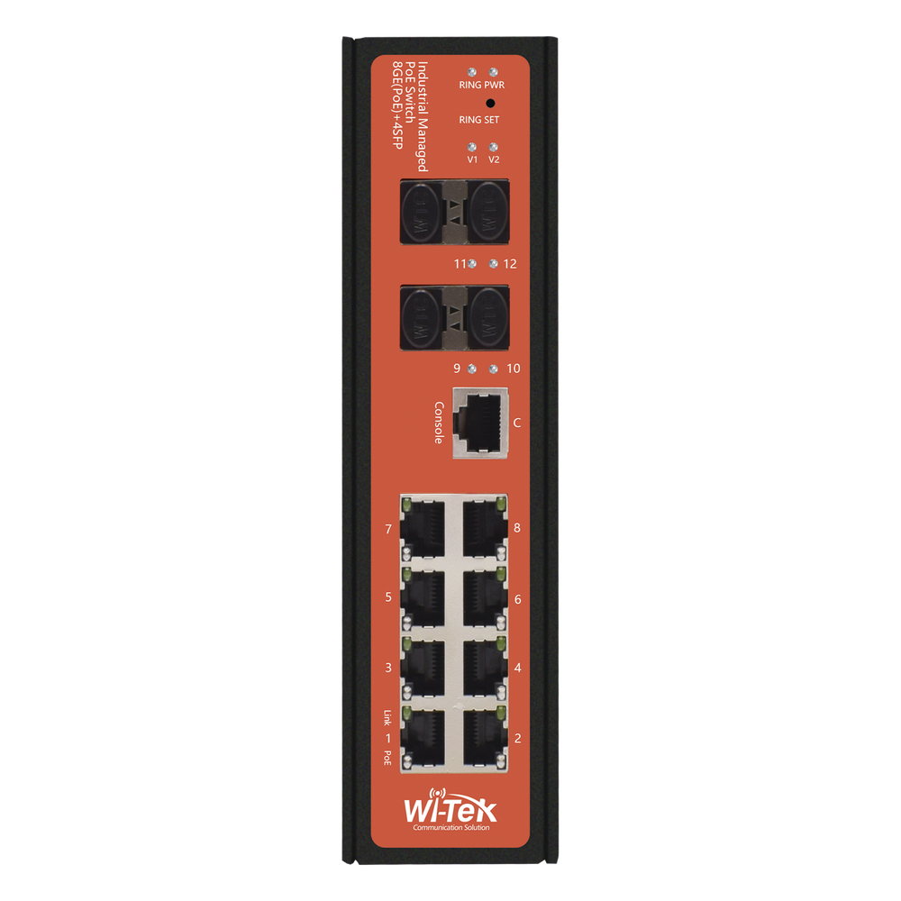 Switch Industrial Administrable / PoE Mixto 24/48V / 8 Puertos Gigabit + 4 SFP / Puertos 3-4 802.3 af/at/bt 60W / Protección 8kV / Riel DIN