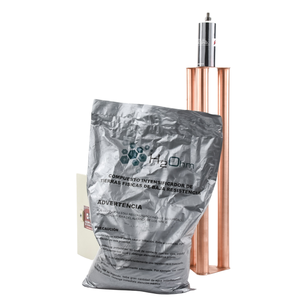 Kit de puesta a tierra de 100 Amperes con Electrodo, Filtro, Acoplador y Compuesto H2Ohm.