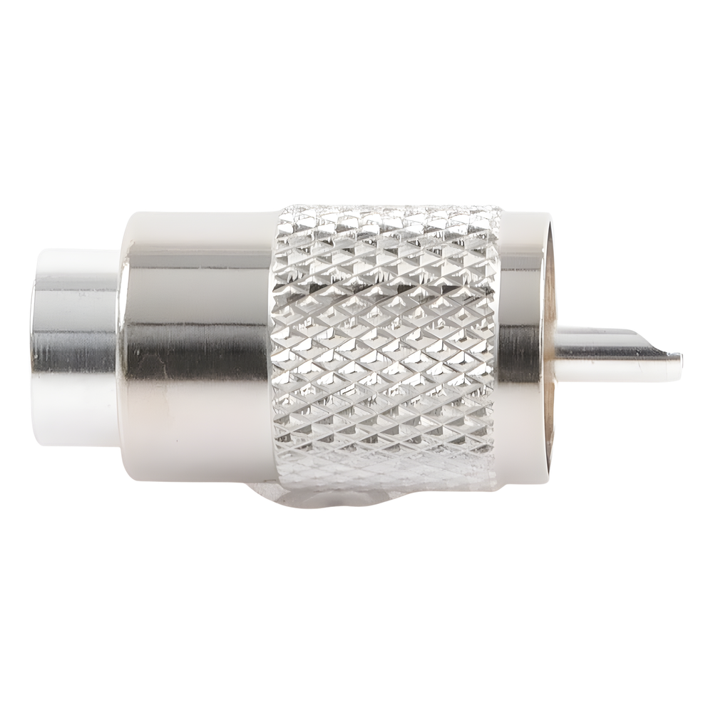 Conector UHF Macho (PL-259) para cables LP-400, RG-8/U, RG-8U-SYS, 8237, 8267, 8268, 9913, CTN-400, 7810, 8214, 7810A, RFLASH-1113, LMR-400, Plata (Concha-Níquel)/ Plata/ D.A.P. (Fibra Sintética)