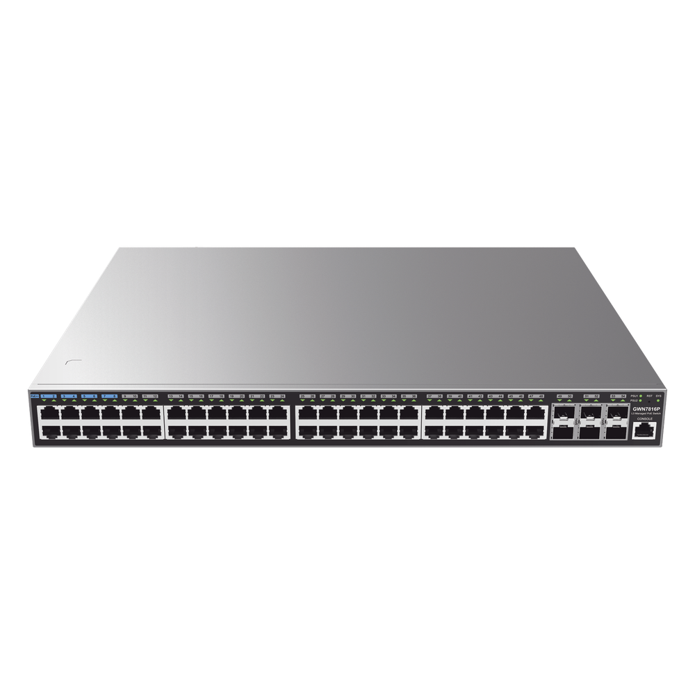 Switch Capa 3 PoE+ Administrable / 48 puertos 10/100/1000 Mbps + 6 Puertos SFP+ de 10 Gigabits / Hasta 740W / Compatible con GWN Cloud.