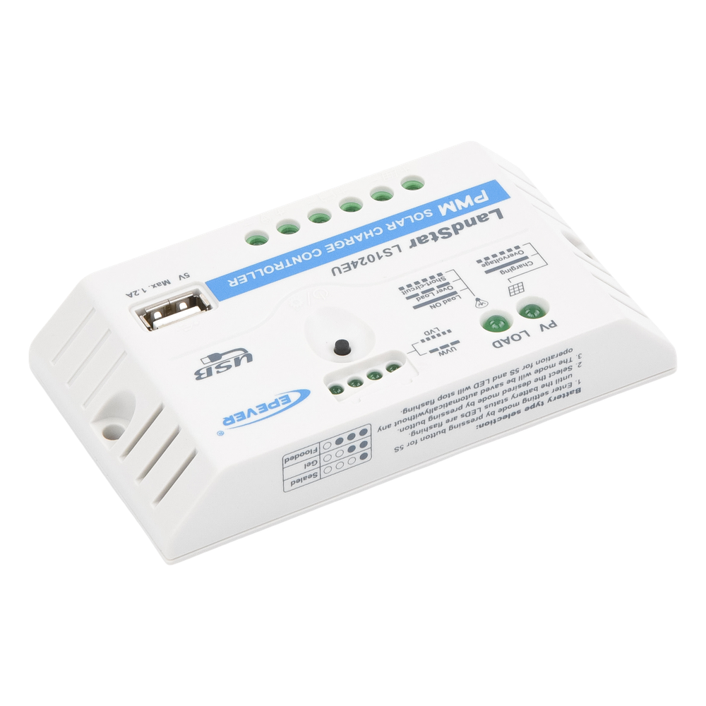 Controlador Solar PWM / 10A / 12/24V / Puerto USB / Indicadores LED / Tierra Positivo Común