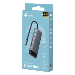 Adaptador HUB 6 en 1, 1 puerto USB-C entrada, 1 puerto HDMI 4K, 1 puerto Ethernet Gigabit, 1 puerto USB-C y 2 puertos USB-A