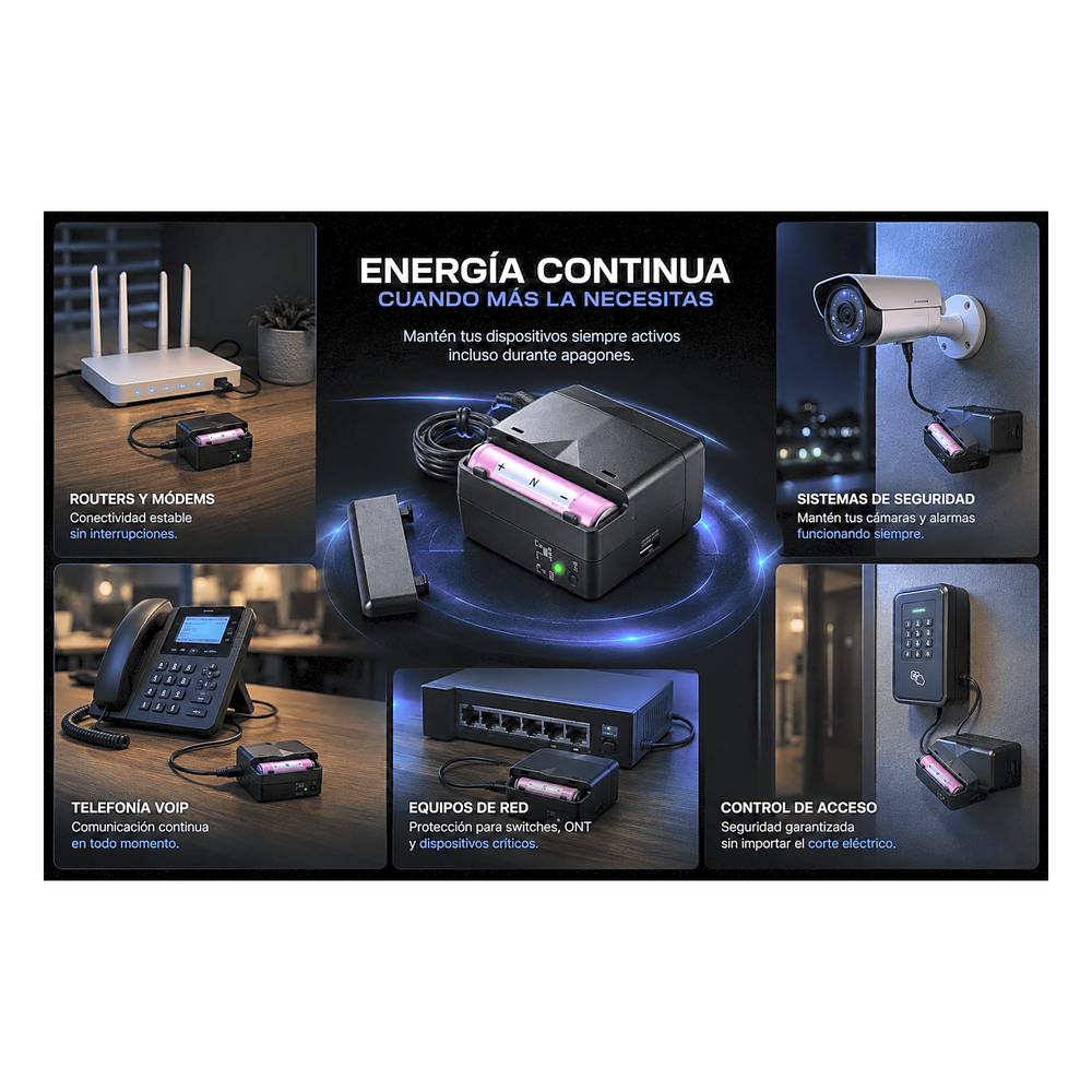 Mini UPS de CD 25 W / Entrada 120 Vca / Salida 12 Vcd / Clavija NEMA 5-15P de entrada / Batería de Litio