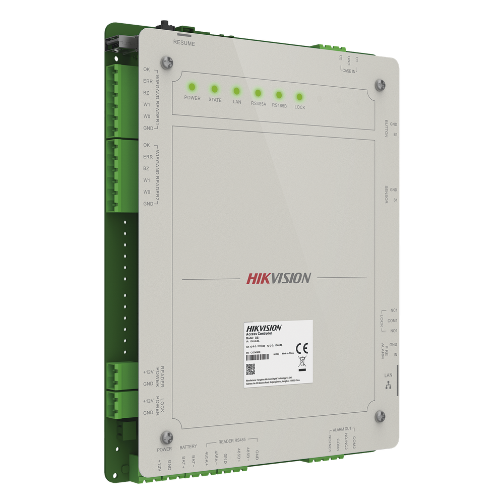 Controlador de Acceso 1 Puerta Administrable en la Nube con Hik-Connect Teams / Interfaz Web / 2 Lectores de Huella o Tarjeta / 100,000 Tarjetas / 10,000 Huellas / Incluye Gabinete y Fuente de Alimentación 12v 4A / Soporta Batería de Respald
