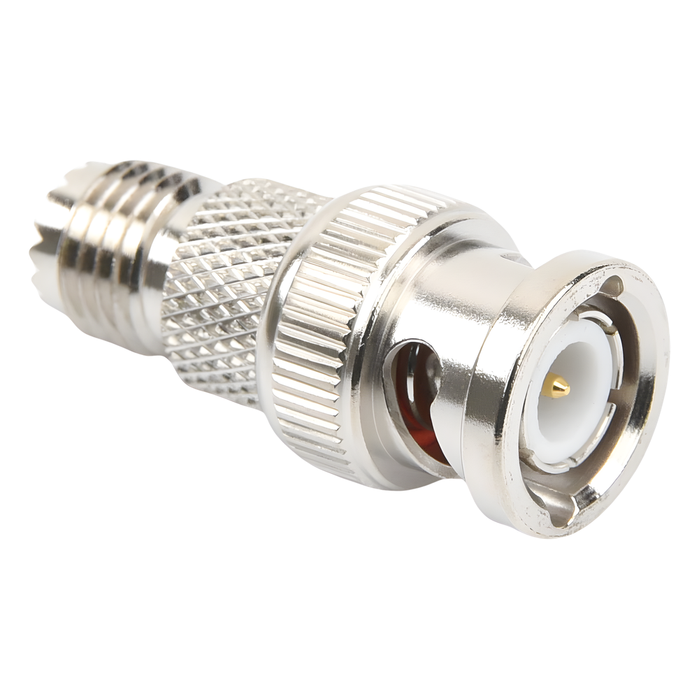 Adaptador en Línea de Conector Mini-UHF Hembra a BNC Macho, Níquel/ Oro/ Teflón.