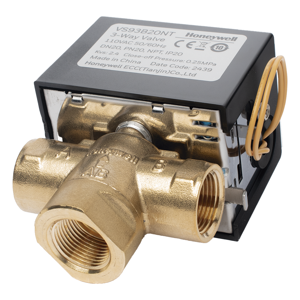 Válvula de control eléctrica de 3 vías para fancoil, retorno por resorte, normalmente cerrada, 110 V CA, DN20 (3/4"), conexión NPT