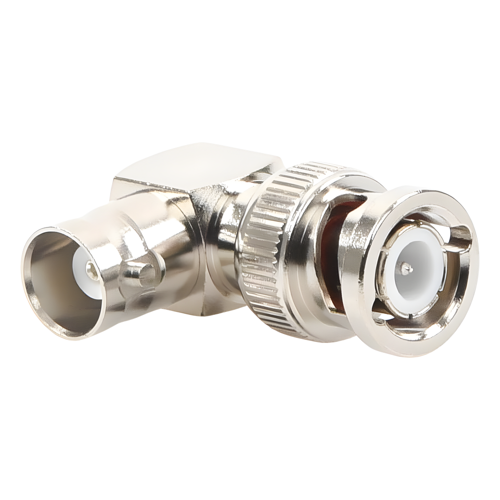 Adaptador en Ángulo Recto, de Conector BNC Macho a BNC Hembra, 50 Ohm (Monitor), Níquel/ Plata/ Teflón.