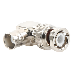 Adaptador en Ángulo Recto, de Conector BNC Macho a BNC Hembra, 50 Ohm (Monitor), Níquel/ Plata/ Teflón.