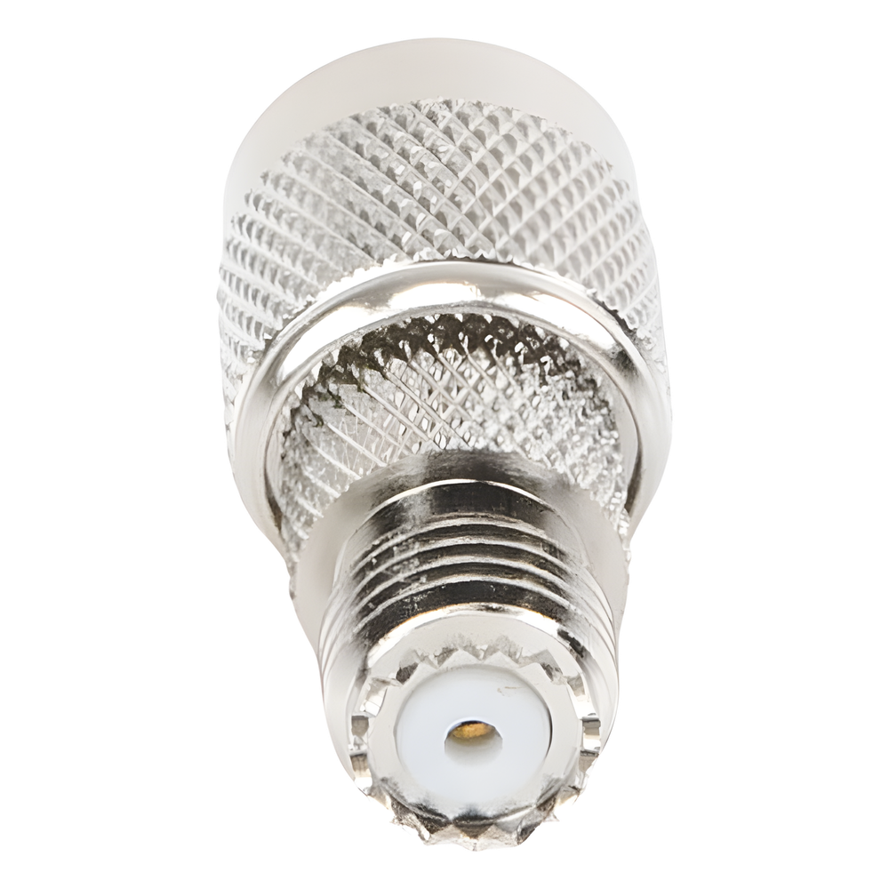 Adaptador en Línea de Conector Mini-UHF Hembra a TNC Macho, Níquel/ Oro/ Teflón.