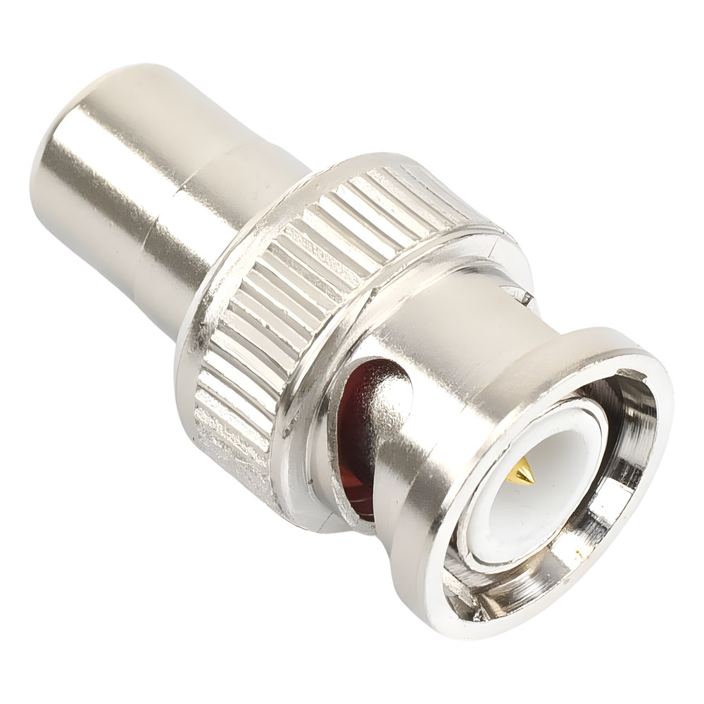 Adaptador en Línea para 75 Ohm, de Conector BNC Macho a RCA Hembra en Aplicaciones de Audio-Video para Cámaras, Monitores y DVR's.