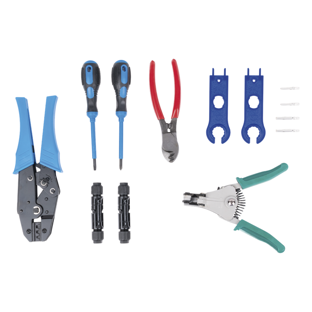 Juego de Herramientas y Accesorios, para Instalación de Sistema Solar. Incluye: Pinzas (3), Desarmadores (2), Llaves (2) y Accesorios (7).