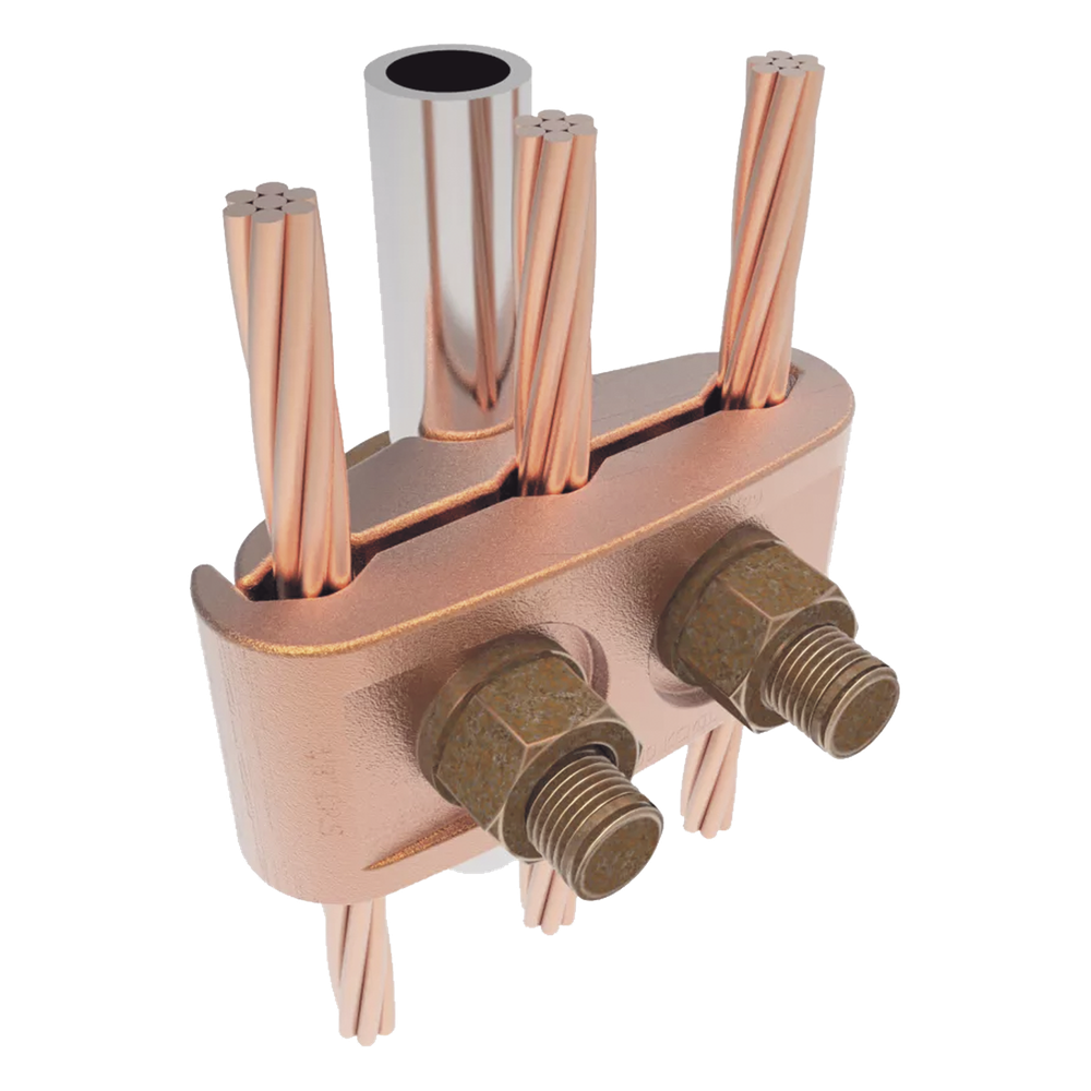 Conector Mecánico para 3 Cables para Calibre 2/0 AWG - 250 KCMIL a Tubería de 3/8"  o  Varilla 5/8" - 3/4".