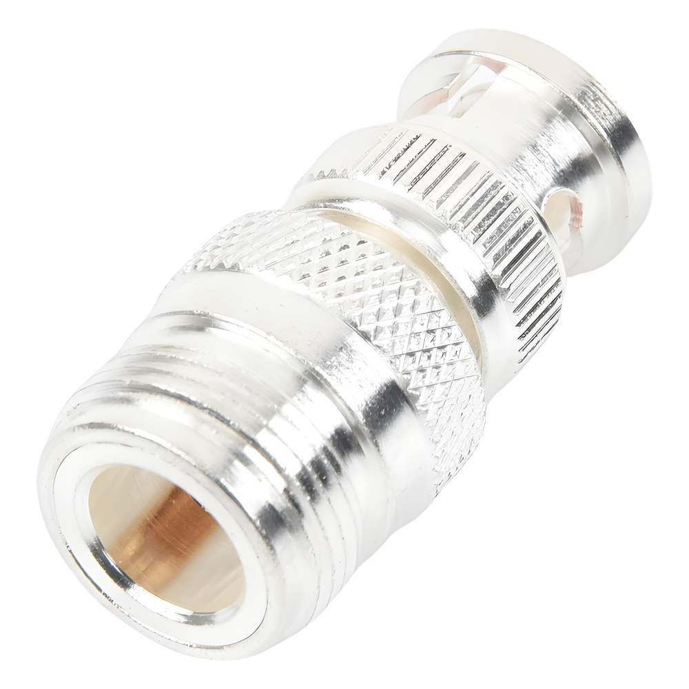 Adaptador en Linea para 50 Ohm, de Conector N Hembra a BNC Macho, Plata /Oro /Teflón.
