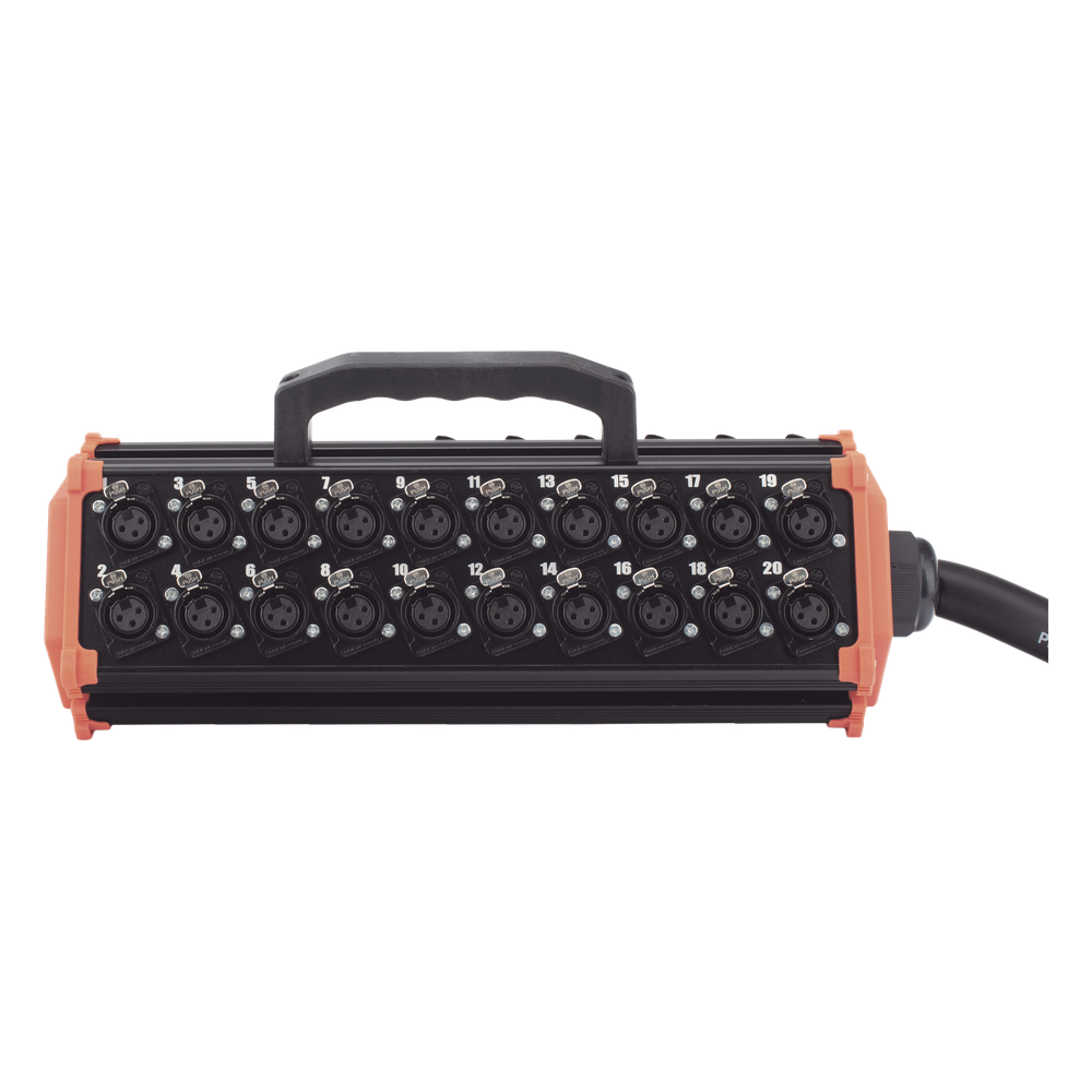 STAGEBOX, 32+8 CANALES, 8 EXTREMOS SON SCMM3 XLR Macho, LOS OTROS 32 EXTREMOS SON SCMF3 XLR Hembra de 3 núcleos con carcasa de acero inoxidable y contactos chapados en oro