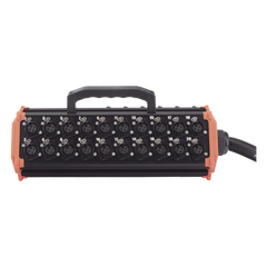 STAGEBOX, 32+8 CANALES, 8 EXTREMOS SON SCMM3 XLR Macho, LOS OTROS 32 EXTREMOS SON SCMF3 XLR Hembra de 3 núcleos con carcasa de acero inoxidable y contactos chapados en oro