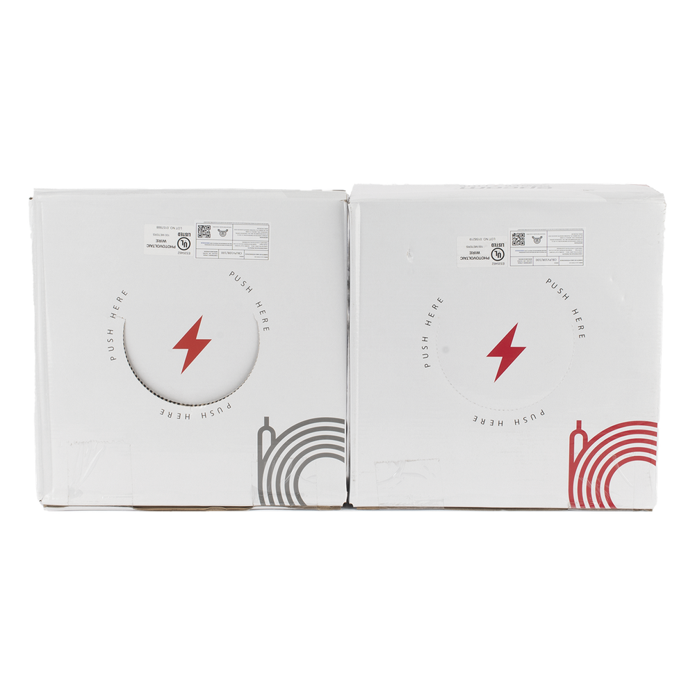 Kit de 2 rollos de 100 metros de cable fotovoltaico de cobre, rojo y negro, calibre 10 AWG (6mm²), Tipo PV,  1000/2000 V y 120°C.