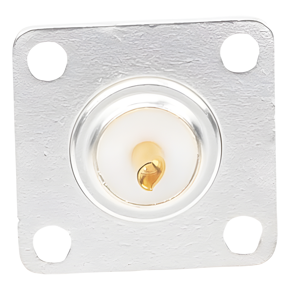 Conector N Hembra para Montaje Frontal en Panel con 4 Perforaciones a 18 mm, Plata/ Oro/ Teflón.