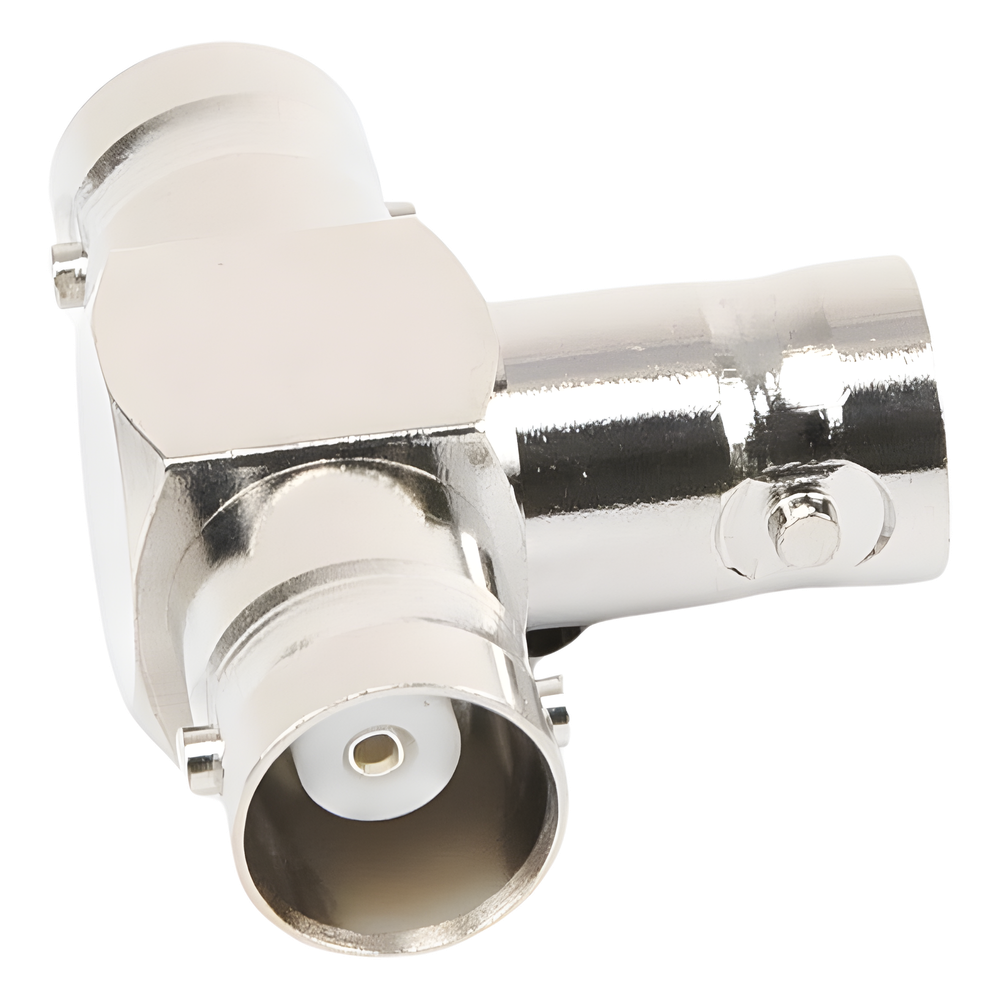 Adaptador Triple en T para 50 Ohm de BNC Hembra a Doble BNC Hembras, Níquel/ Plata/ Teflón.