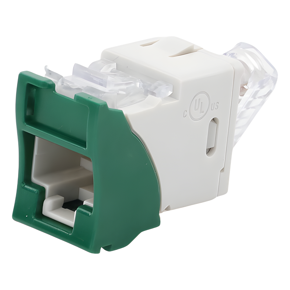 Jack UltraMAX Cat5e, UTP, Montaje Híbrido en Placa de Pared (Plano y Angulado), Color Verde, Punch Down