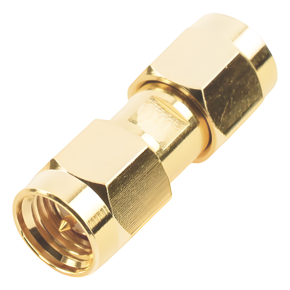 Adaptador Tipo Barril, de Conector SMA Macho a SMA Macho, Oro/ Oro/ Teflón.â€‹