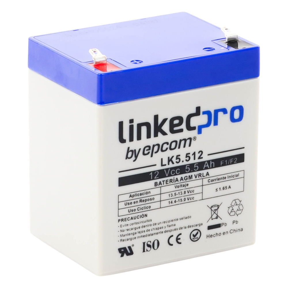 Batería de respaldo 12 V  |  5.5 Ah  |  AGM | Especial para Seguridad Electrónica | UPS | Sistemas de Emergencia  | Vida útil 5 años | Terminales F1  + Adaptador F2