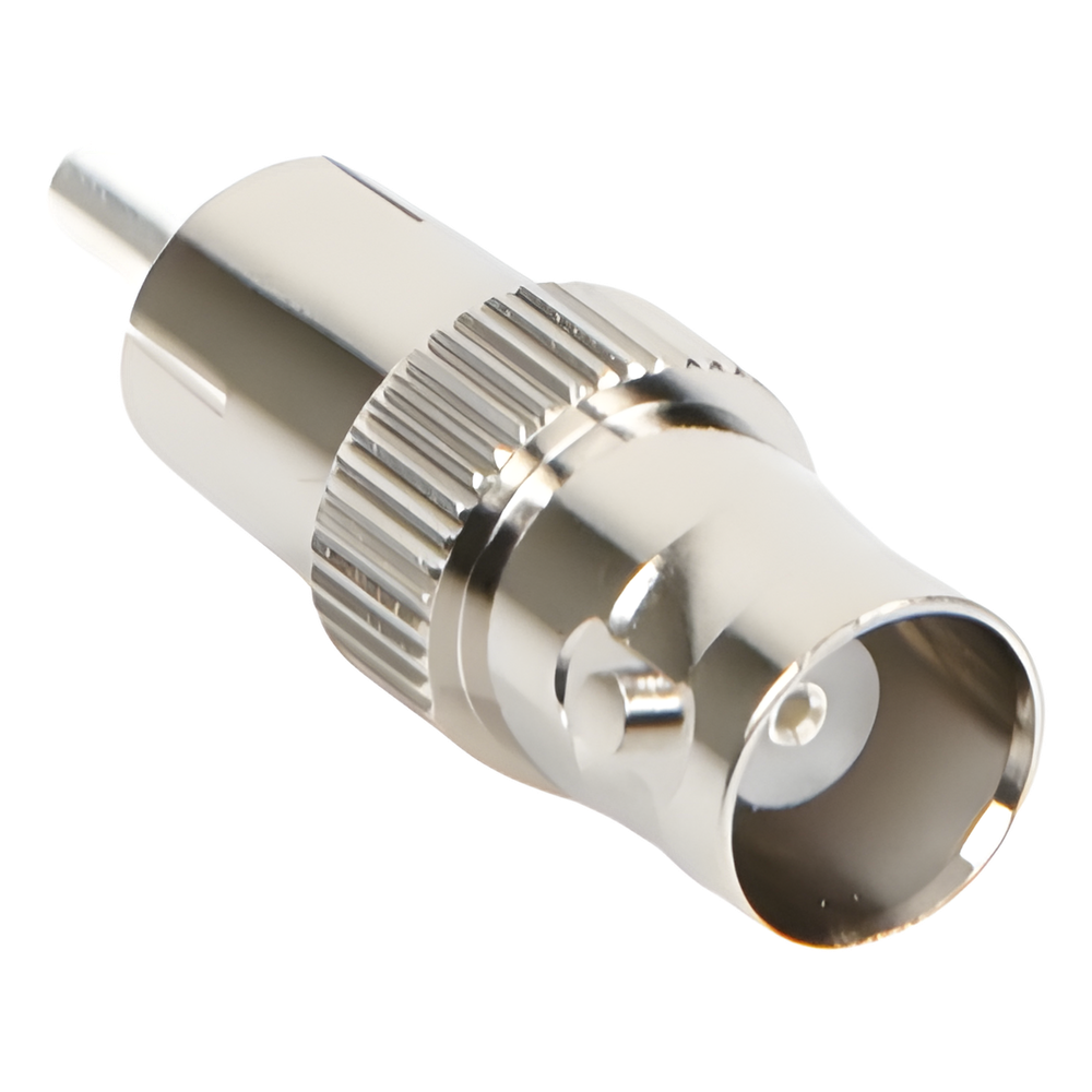 Adaptador de BNC Hembra a RCA Macho en 50 Ohm para Fono, uso en Aplicaciones de Audio-Video, Níquel/ Plata/ Delrin.