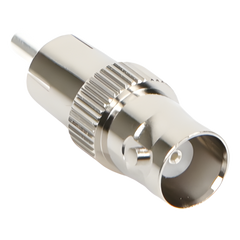 Adaptador de BNC Hembra a RCA Macho en 50 Ohm para Fono, uso en Aplicaciones de Audio-Video, Níquel/ Plata/ Delrin.