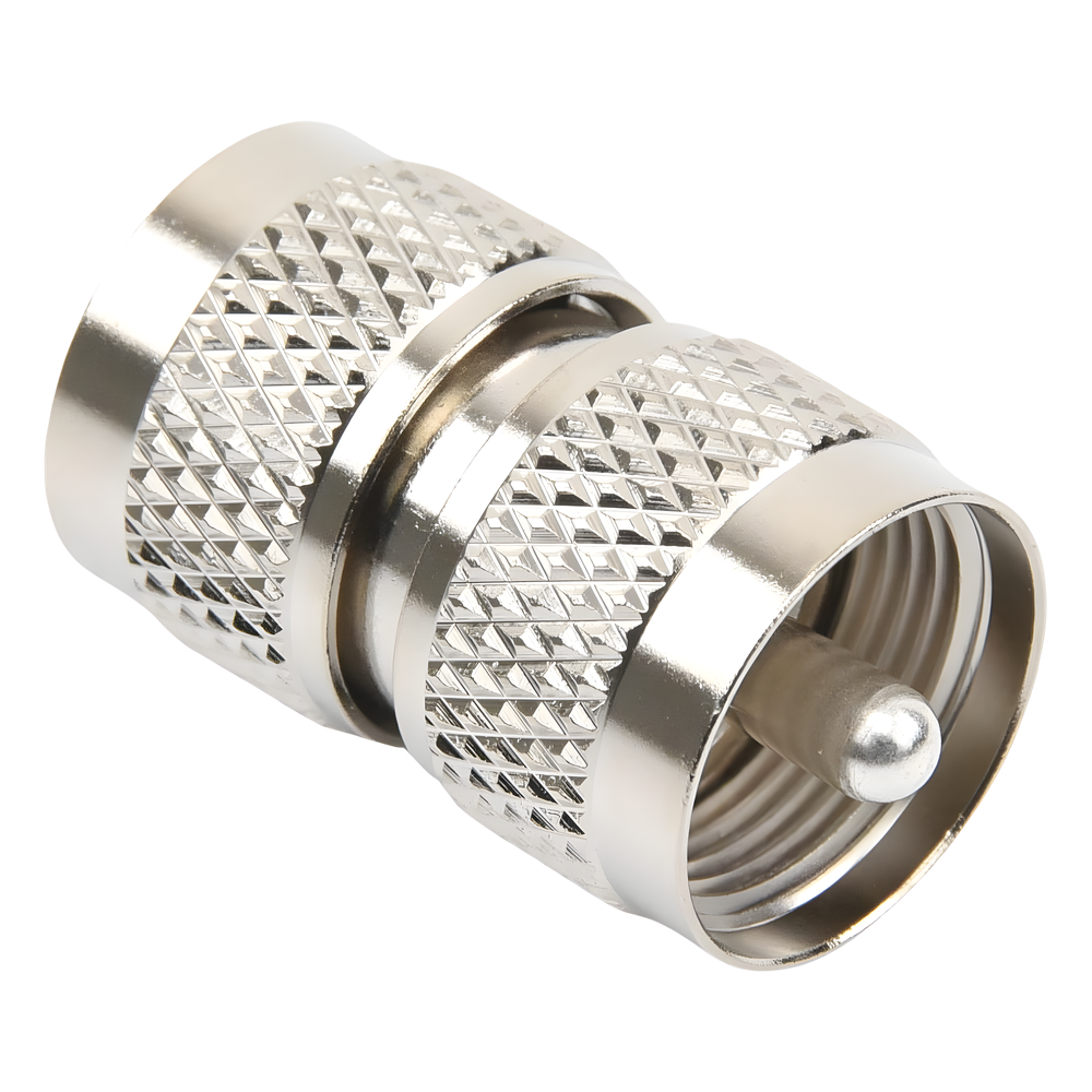 Adaptador Barril en Línea, de Conector UHF Macho (PL-259) a UHF Macho (PL-259), Níquel/ Plata/ Teflón.