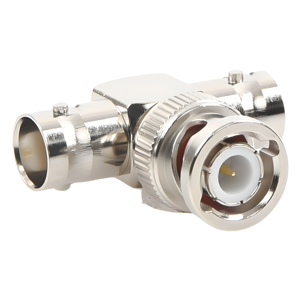 Adaptador en T para 50 Ohm de BNC Macho a Doble BNC Hembra, Maquinado, Níquel/ Oro/ Teflón.