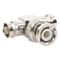 Adaptador en T para 50 Ohm de BNC Macho a Doble BNC Hembra, Maquinado, Níquel/ Oro/ Teflón.
