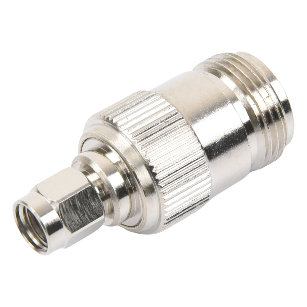 Adaptador en Línea, de Conector SMA Macho Inverso a N Hembra, Níquel/ Oro/ Teflón.