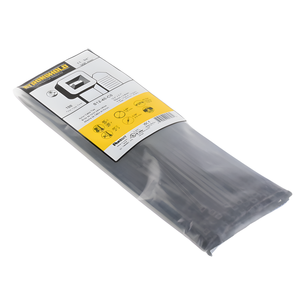 Cincho de Nylon 6.6 StrongHold™, 300mm largo x 3.6mm ancho, Color Negro, Exterior Resistente a Rayos UV, Paquete de 100pz