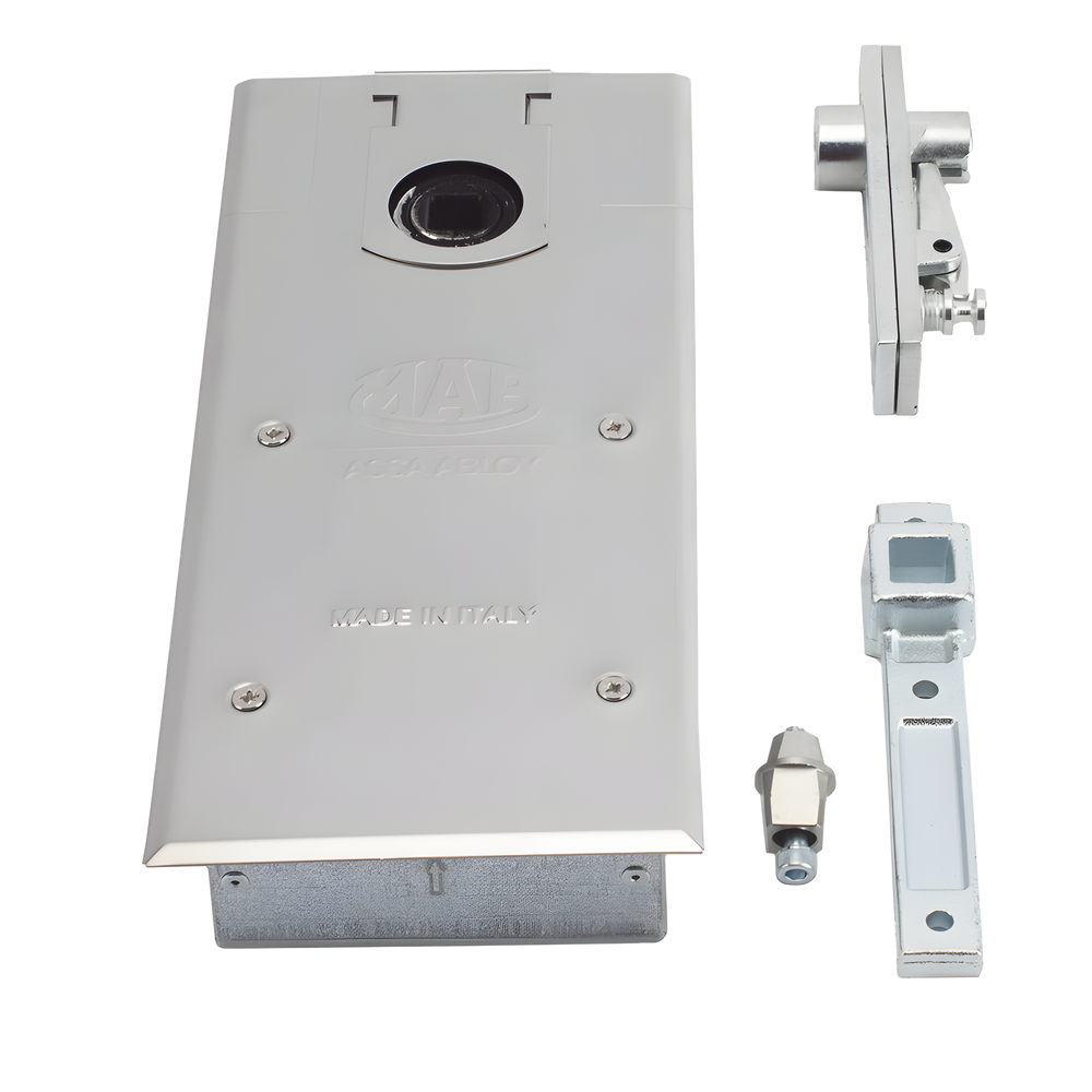Bisagra de piso, / Cierrapuertas DC450 / Para Puertas de Doble Acción hasta 120 kg / Ángulo de Apertura 130° / Ajuste de Velocidad de Cierre y Latch