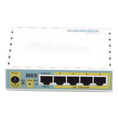 (hEX PoE LITE) RouterBoard, 5 Puertos Fast Ethernet, 4 con PoE Pasivo, 1 Puerto USB