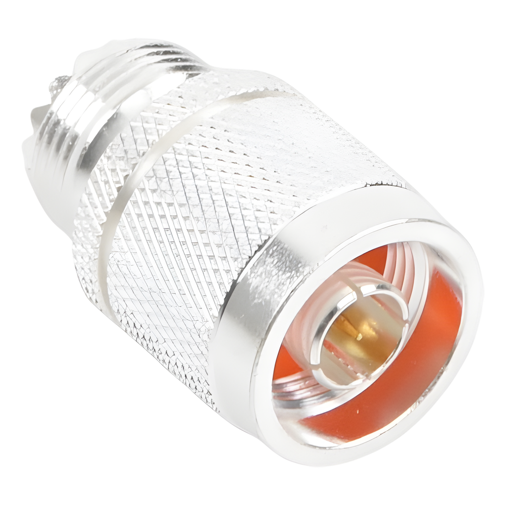 Adaptador en Línea, de Conector N Macho a UHF Hembra (SO-239), Plata/ Oro/ Teflón.