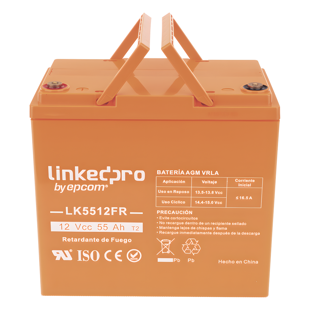 Batería de respaldo  12 V | 55 Ah | AGM | Certificada UL94-V0 Retardante a la Flama | Especial para Seguridad Electrónica | UPS  | Sistemas de emergencia | Vida útil 5 años | Terminales T2