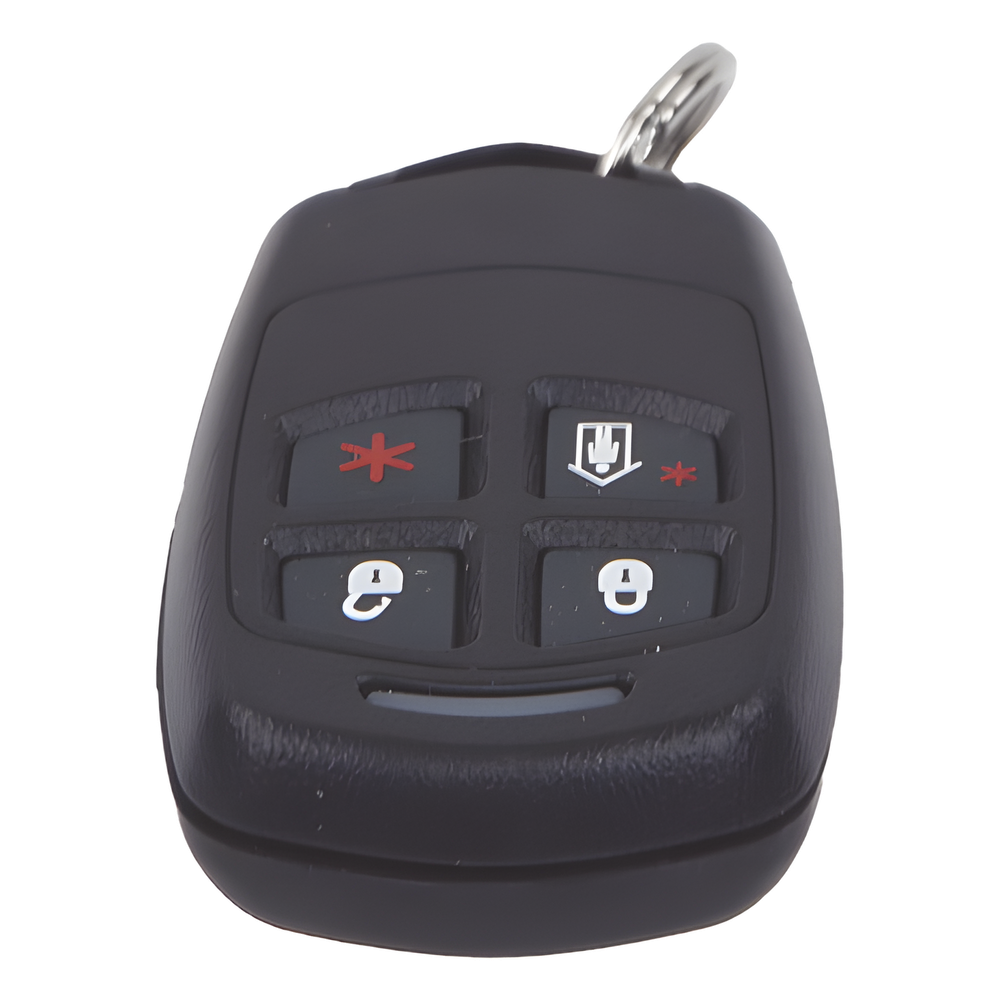 Control remoto inalámbrico tipo llavero de 4 botones con funciones programables para sistemas de alarma