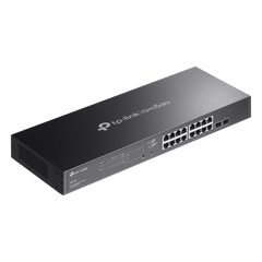 Switch Smart Omada 18 Puertos Gigabit / 16 Puertos PoE+ 802.3af/at / 2 Ranuras SFP Gigabit / Presupuesto PoE 150 W / Switching 36 Gbps / Enrutamiento Estático L2+ / Gestión Cloud SDN / Fanless / Montable en Rack