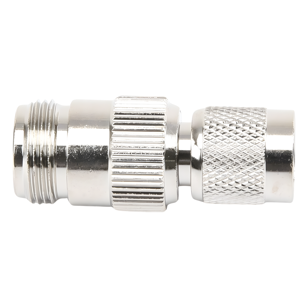 Adaptador en Línea, de Conector TNC Macho Inverso a N Hembra, Niquel/ Oro/ Teflón.