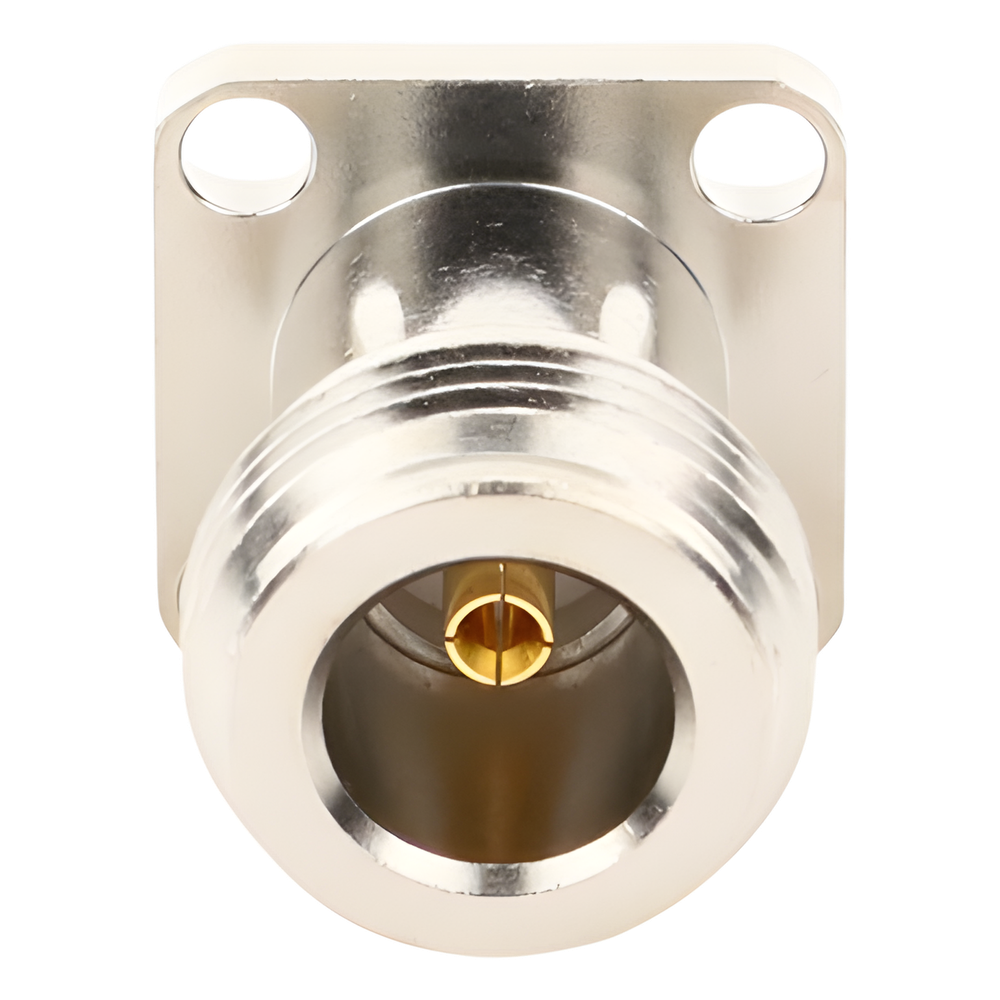 Conector N Hembra de Montaje de Panel con 4 perforaciones a 12.7 mm, soldable.