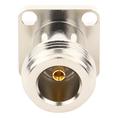 Conector N Hembra de Montaje de Panel con 4 perforaciones a 12.7 mm, soldable.