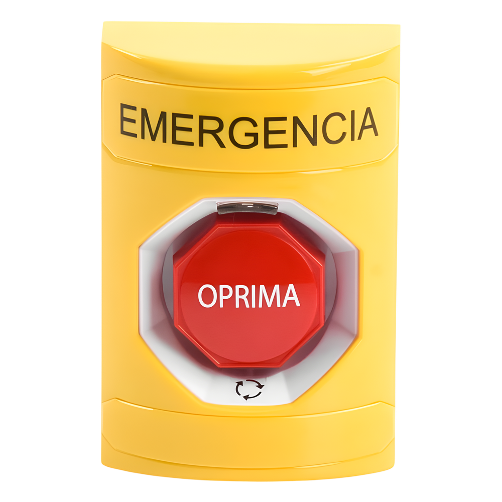 Botón de Emergencia en Español, Color Amarillo, Acción Mantenida, Girar para Restablecer y LED Multicolor