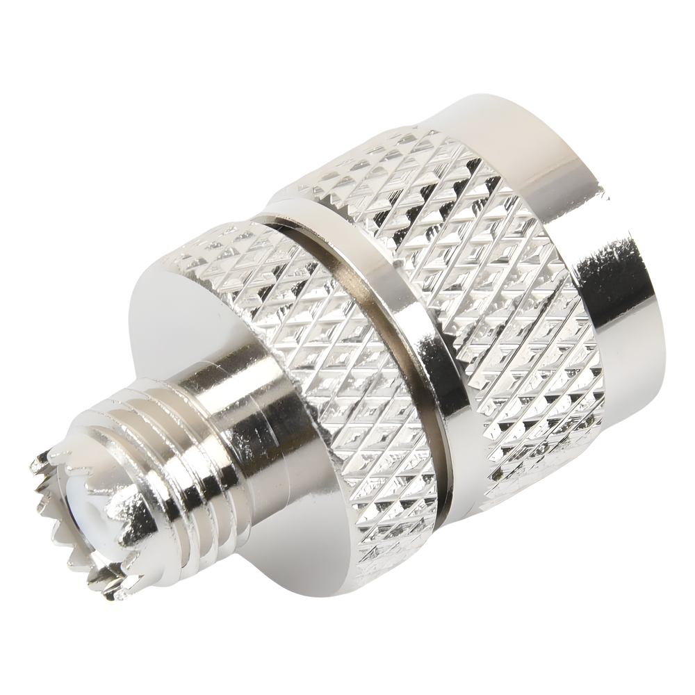 Adaptador en Línea de Conector Mini UHF Hembra a UHF Macho (PL-259), Níquel/ Oro/ Teflón.