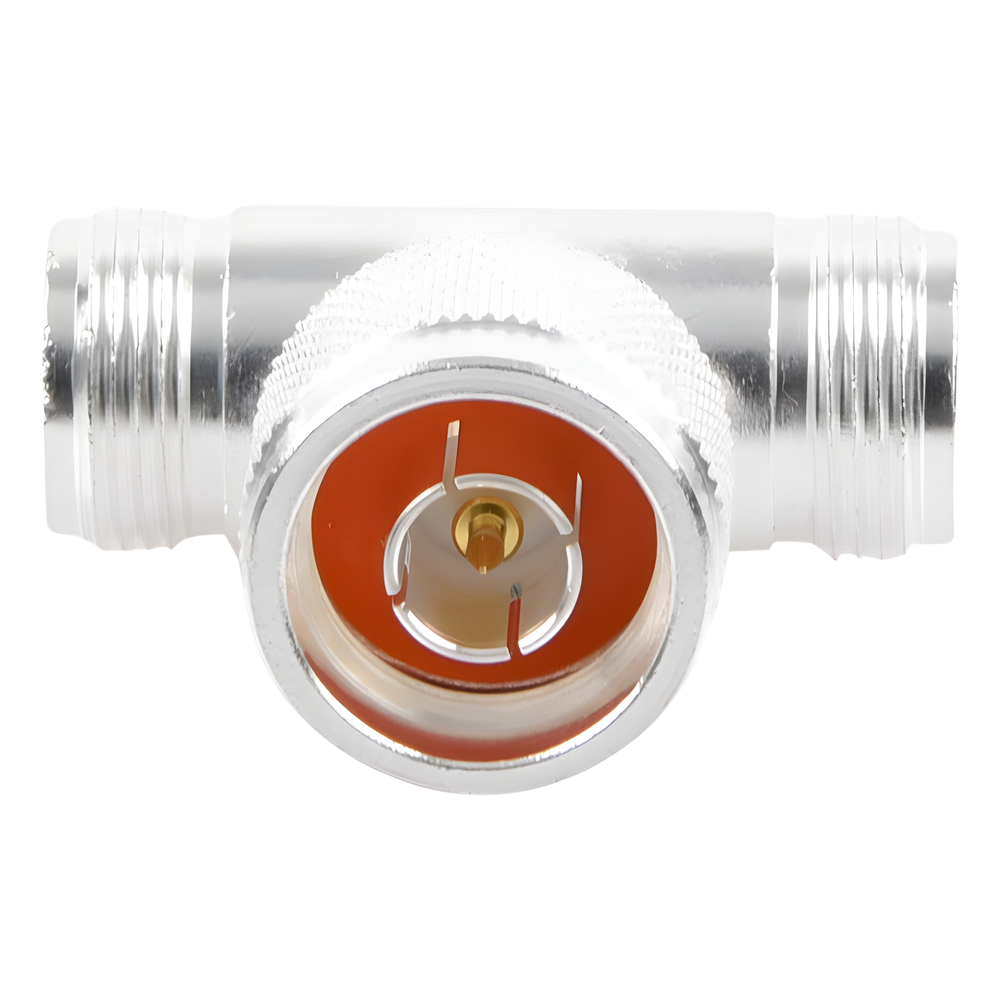 Adaptador en T, de Conector N Macho a Doble N Hembra, Plata/ Oro/ Teflón.