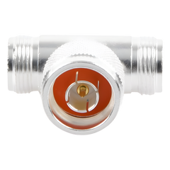 Adaptador en T, de Conector N Macho a Doble N Hembra, Plata/ Oro/ Teflón.