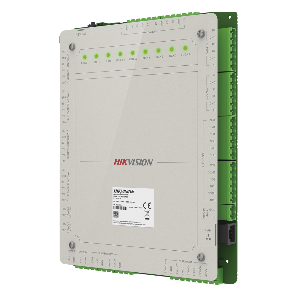 Controlador de Acceso 4 Puertas Administrable en la Nube con Hik-Connect Teams / Interfaz Web / 8 Lectores de Huella o Tarjeta / 100,000 Tarjetas / 10,000 Huellas / Incluye Gabinete y Fuente de Alimentación 12Vcd 8 A / Soporta Batería de Res
