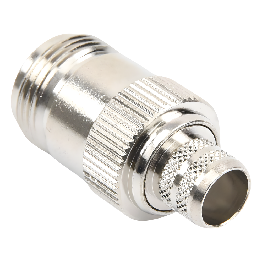 Conector N Hembra Inverso de Anillo Plegable para Cables 9913, RG-8/U, LMR-400, Grupo I, Níquel/ Oro/ Teflón.