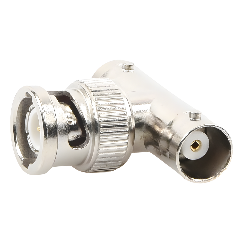 Adaptador en T para 50 Ohm de BNC Macho a Doble BNC Hembra, Troquelado, Níquel/ Oro/ Delrin.