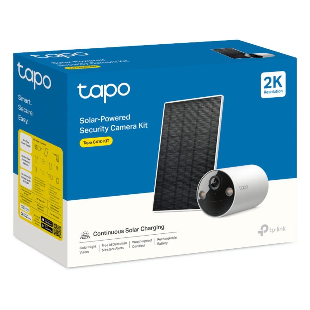 Kit Cámara Solar Tapo / 2K 3MP (2304×1296 px) / Visión Nocturna Color / Batería 6400 mAh 180 Días / IP65 / Panel Solar Integrado / Detección IA Personas / Audio Bidireccional